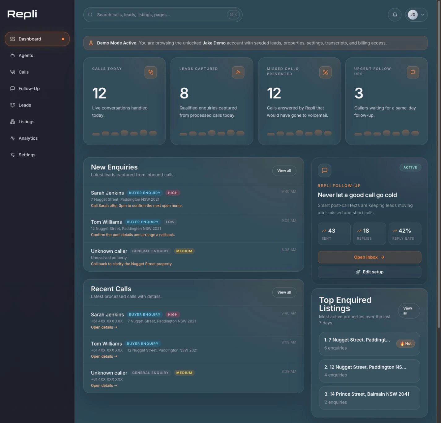 Repli dashboard showing synthetic demonstration enquiries