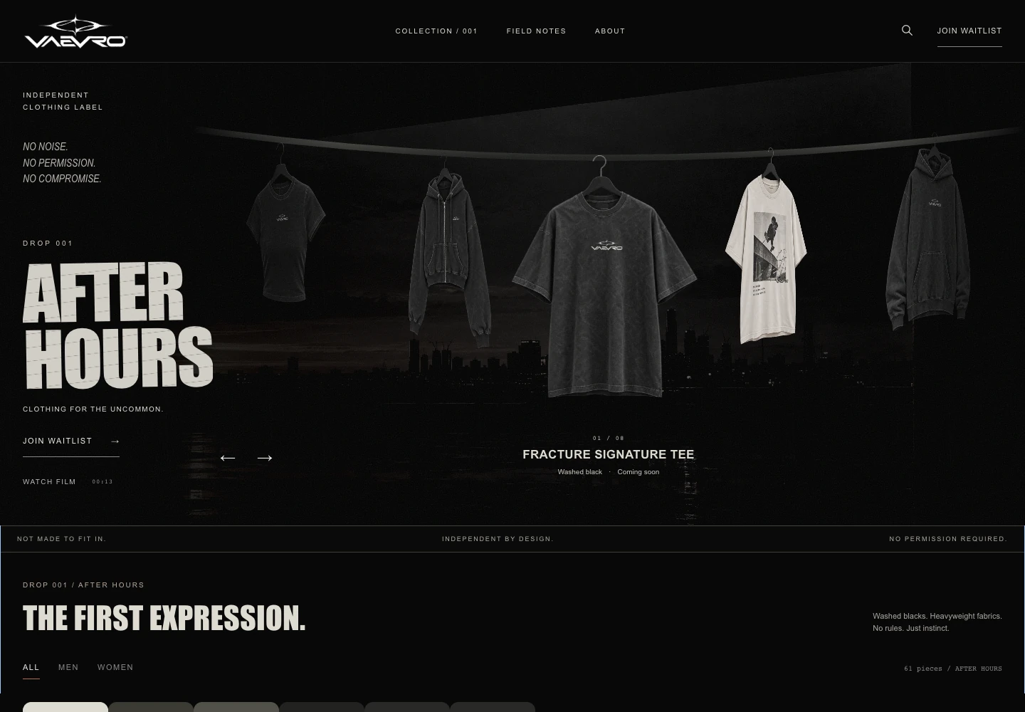 VAEVRO After Hours clothing collection website